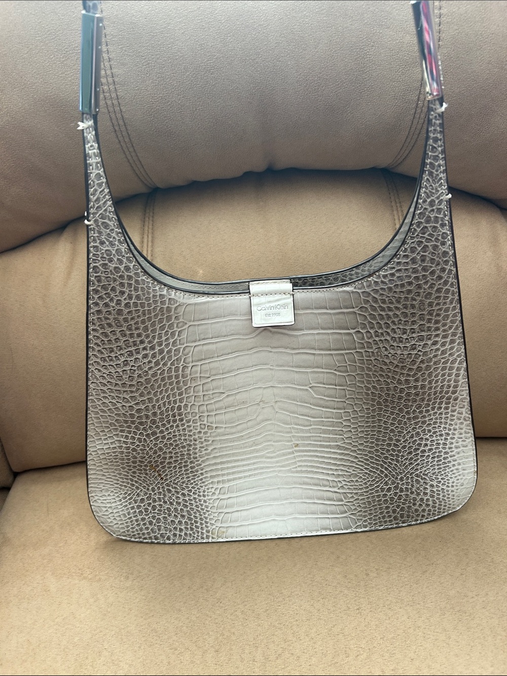Calvin Klein Gray Taupe Croc-Embossed Shoulder Bag